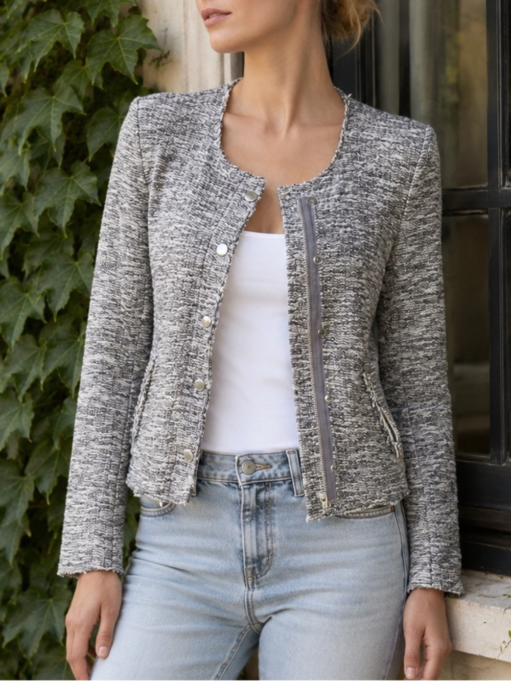 NWT Love Generation Textured Knit Grey&Silver Jacket Raw Edge Moto Style Size S